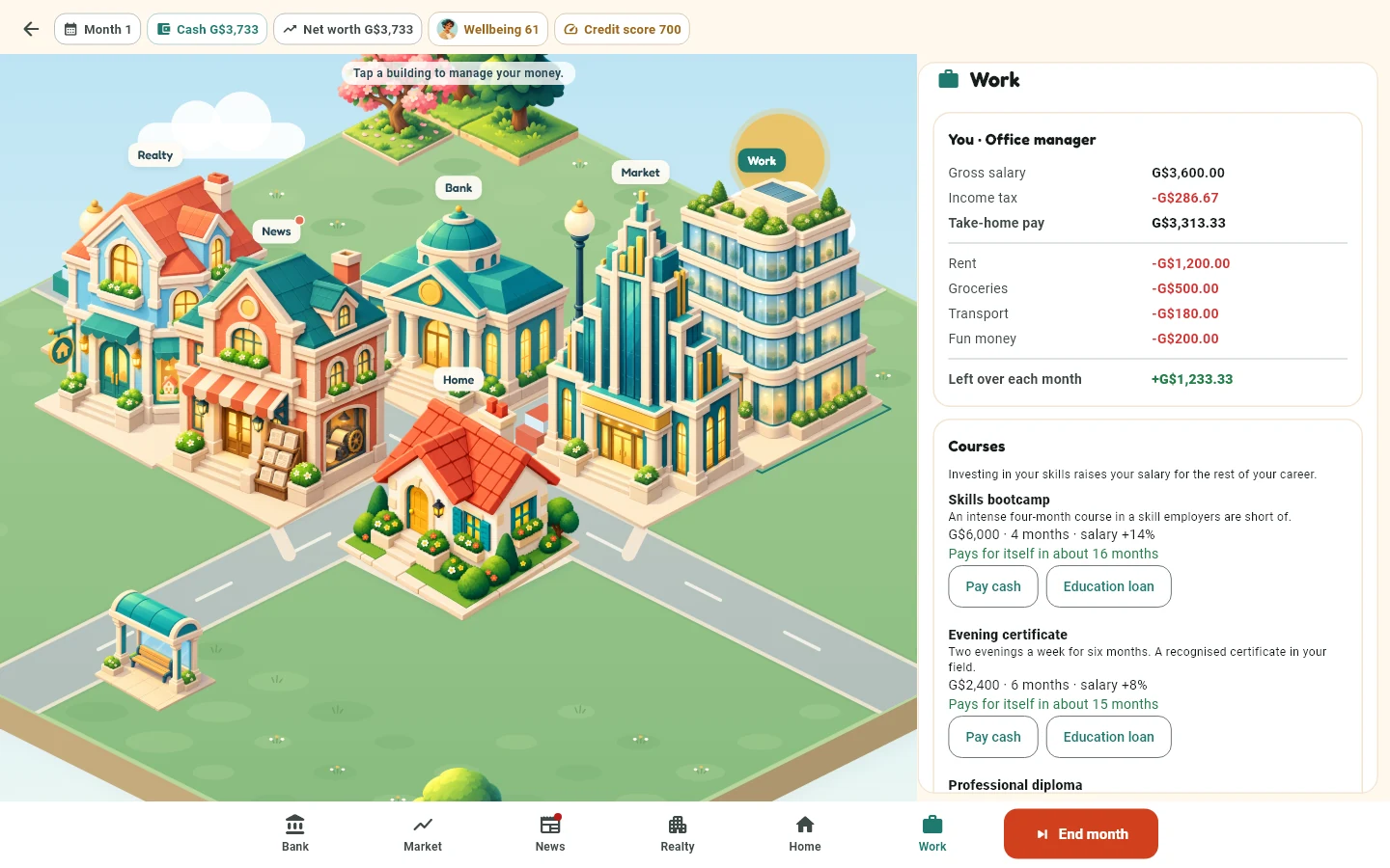 Paycheck to Freedom city with the Work panel showing salary, monthly expenses and training courses.