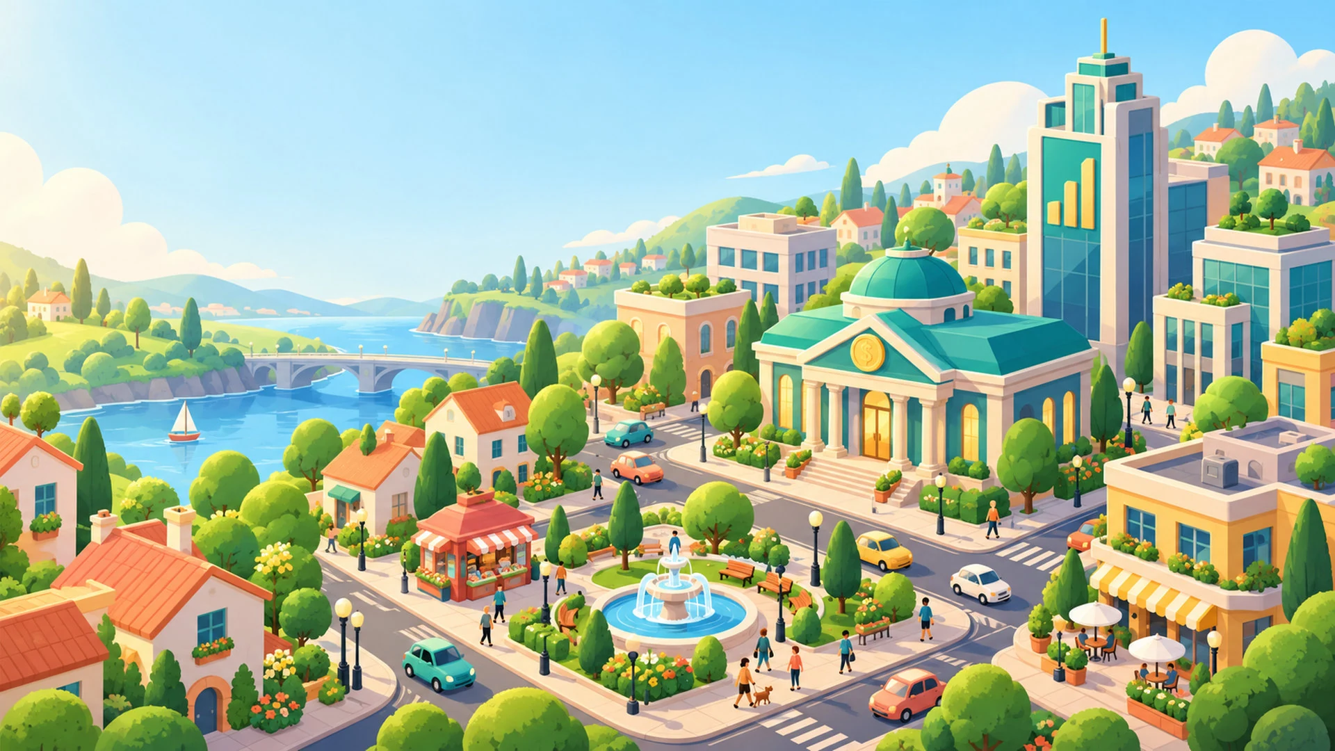 Official Paycheck to Freedom artwork showing a cheerful town of homes, shops and green spaces.