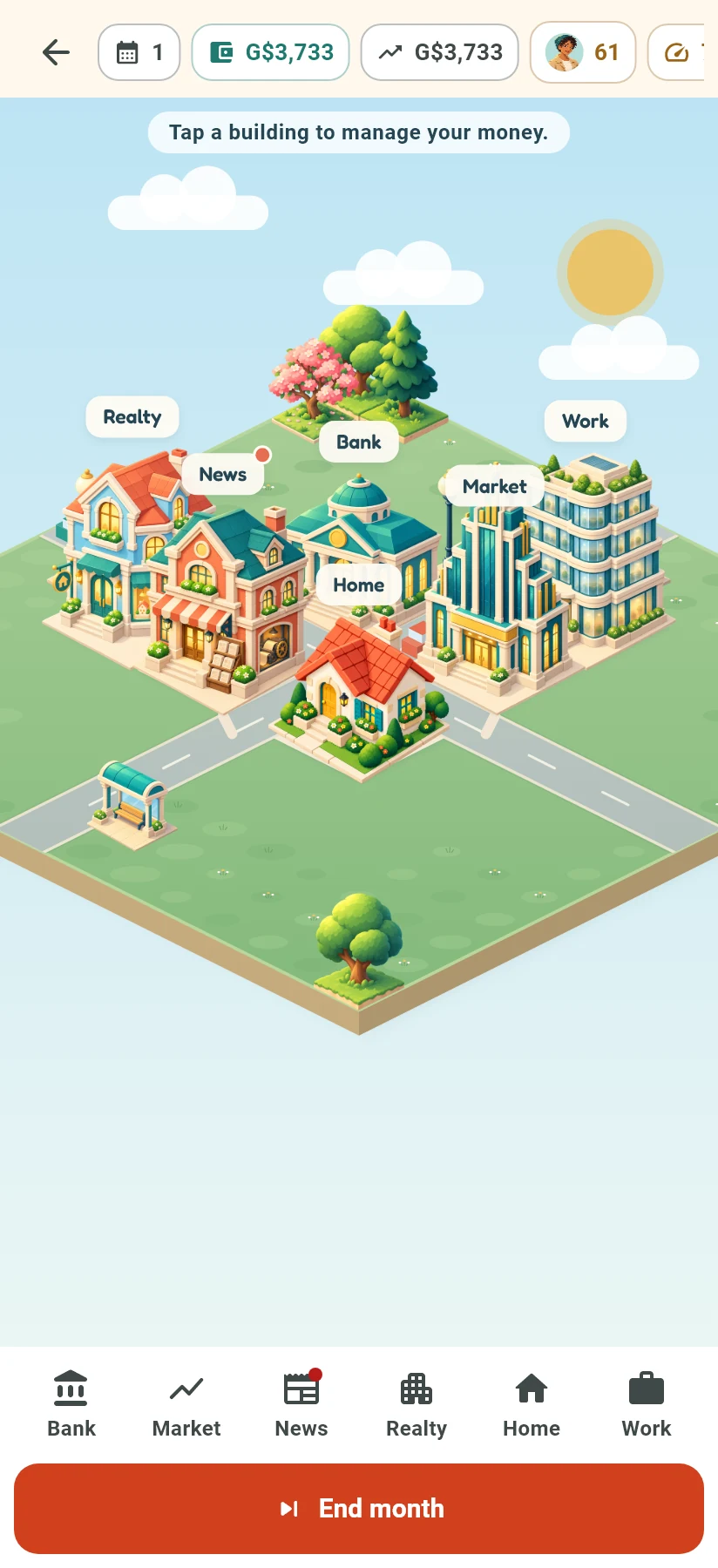 The city hub with the Bank, Market, News, Realty, Home and Work locations.