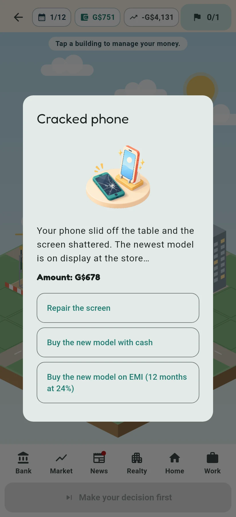 A cracked-phone event offering a repair, a cash purchase or instalments.