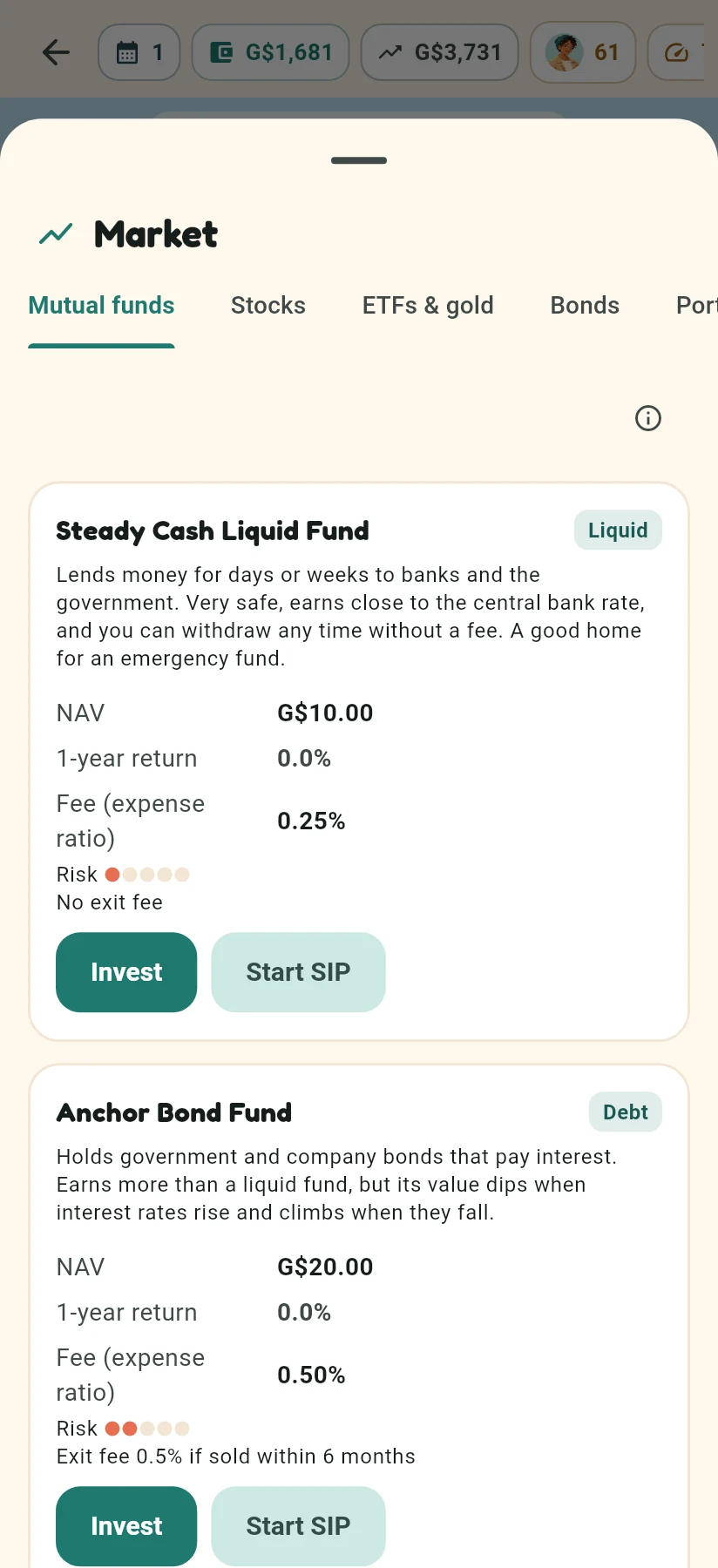 The Market screen showing liquid and bond mutual funds.