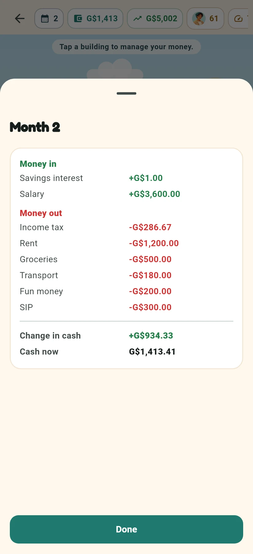 A monthly report listing money in, money out and cash remaining.